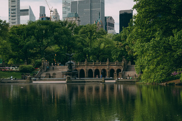 New York Central Park panorama. Green center park in New York City. Summer time in Central Park. Bow bridge, Central Park. Bethesda terrace in Central Park, New York City. Manhattan Skyscrapers view. 