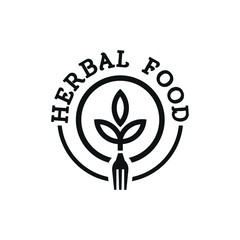 Restaurant food logo design with fork and leaf for nature of food