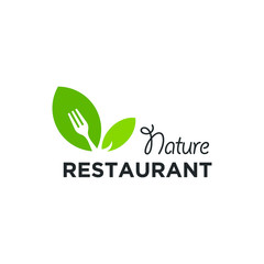 Restaurant food logo design with fork and leaf for nature of food