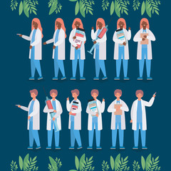 Female and male doctors with injections and medicine jars vector design
