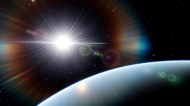 super-earth planet, realistic exoplanet, planet suitable for colonization, earth-like planet in far space, planets background 3d render