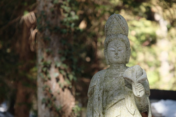 里山の仏様。日本の冬の里山歩き、山梨県扇山。Snow field with old Stone monument. Trekking at mountain area, Yamanashi Japan. 