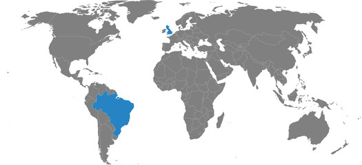 Fototapeta premium Kraje Wielka Brytania, Brazylia na białym tle na mapie świata. Jasnoszare tło. Koncepcje biznesowe, stosunki dyplomatyczne, handlowe i transportowe.