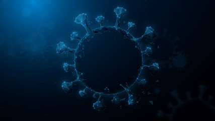 Abstract 3D wireframe of Coronavirus from lines, triangles, particle, low poly and wireframe design. Vector illustration