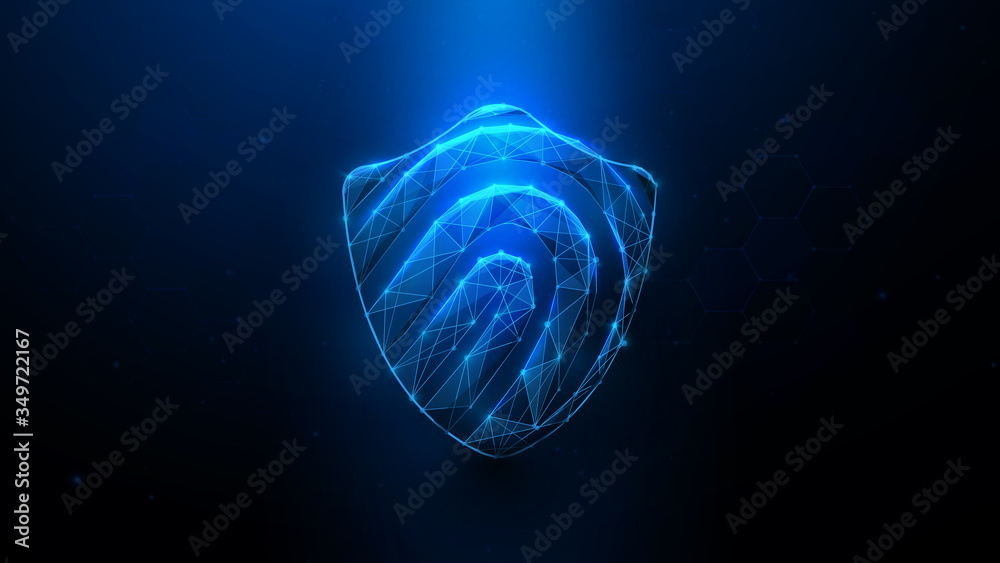 Aufkleber cyber security concept. fingerprint and protection shield from lines, triangles, particle, low poly 
