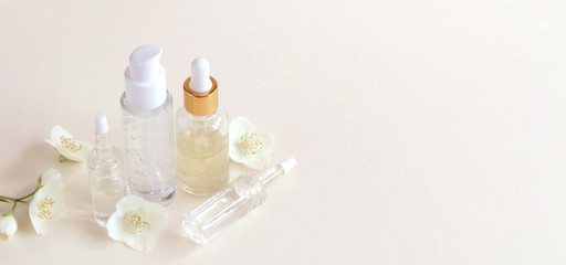 Cosmetic products for face and body in containers without labels. The concept of Spa skin care and body.