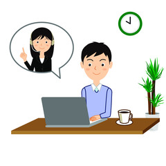 オペレーターとオンラインで会話する男性のイラスト