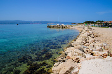 Empty Velika Plaza beach in Omis, Croatia, in the Adriatic Sea