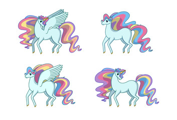 Set of alicorn, unicorn, pegasus and horse with waving rainbow mane and tail. Vector illustration in cartoon style