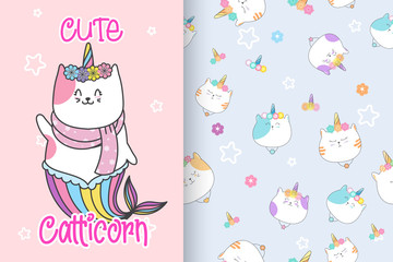 cute cartoon animal magical caticorn mermaid with a seamless pattern for kids