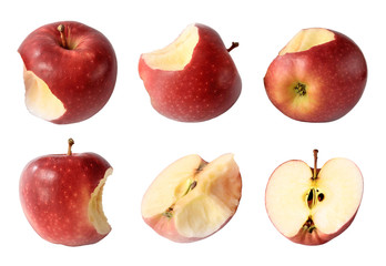 Set of red apples, apple half, apple slices, isolated on white background