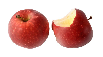 Two apples. One whole red apple and one red apple with a bitten side on a white background