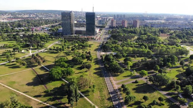 Usce park and Usce towers in New Belgrade, a modern municipality of Belgrade, Serbia. Aerial drone video.