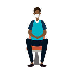 young man afro using face mask sitting in chair vector illustration design
