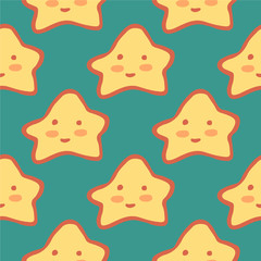 Cute abstract stars seamless pattern on green background. Character star shapes elements wallpaper.