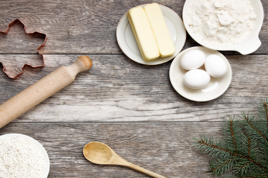 Directly Above Shot Of Cookie Ingredients On Wooden Table