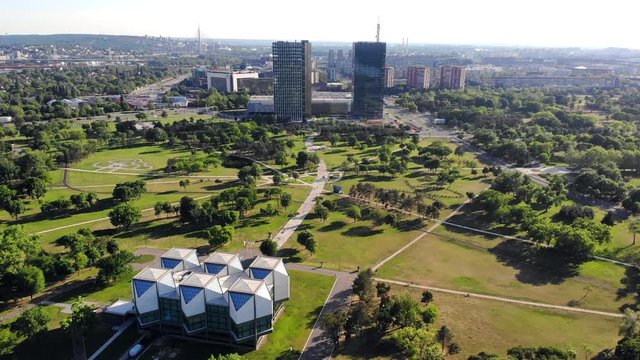 Drone video oof Usce park and Usce towers in Belgrade, Serbia