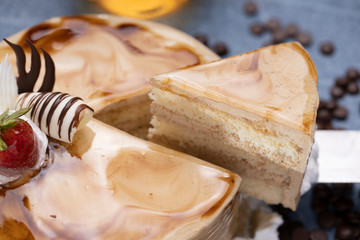 Mocha coffee cake with glazed layer all around
