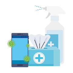 prevention spray bottle covid 19 with smartphone and tissue box vector illustration design