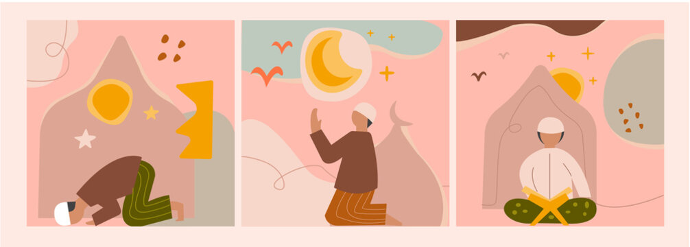 Set of three boys to pray. Young man. Islamic theme. the concept of Muslim prayer and read holy koran. Hand drawn isolated trendy illustrations with an abstract background