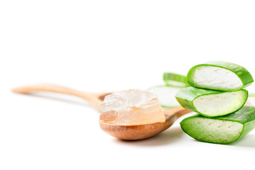 Fresh Slice Aloe Vera on  wood spoon isolated on white background