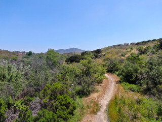 Fototapeta na wymiar Aerial view of small dusty trail in green valley, San Diego, California, USA