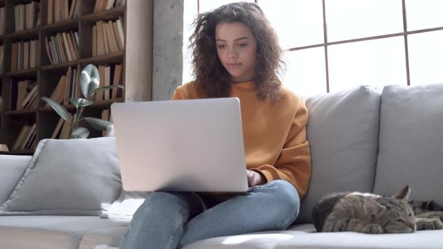 Smiling hispanic teen girl using laptop playing with cat sit on couch at home. Happy latin young woman relaxing stroking cute pet kitten holding computer enjoying free time in cozy living room on sofa