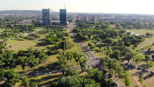Aerial view of Usce park and Usce towers in Belgrade, Serbia