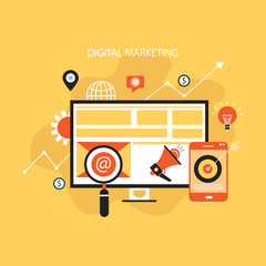 Digital marketing modern flat design on yellow background