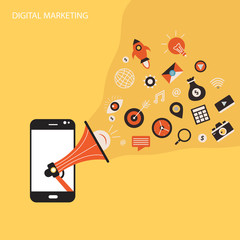 Digital marketing flat illustration. Hand with speaker and icons
