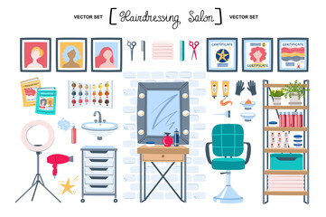 Vector set on the theme of fashion and beauty. Flat cartoon symbols of hairdressing salon. Doodles for use in design
