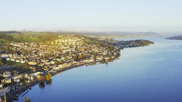 Charming Swiss town by the sea, seawater and houses