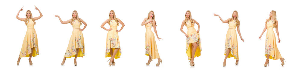 Blond girl in charming dress with flower prints isolated on whit