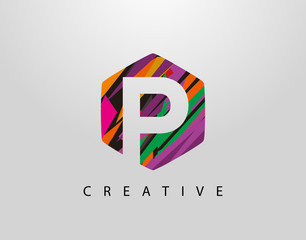 Abstract Hexagon P Letter Logo. Initial P With Creative Colorful Strips - obrazy, fototapety, plakaty