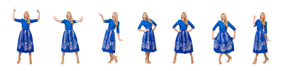 Woman in blue dress with flower prints isolated on white