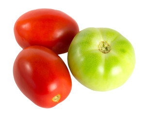 Set of a red and green tomato isolated on white background