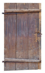 Old red curved wooden door of village shed isolated