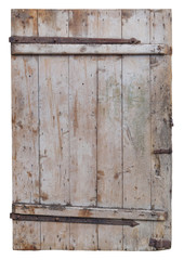 Old rotten curved wooden door of village barn isolated