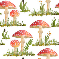 hand drawn watercolor seamless pattern with poisonous mushrooms red Amanita muscaria. Wild fungus fungi from summer forest woodland in green grass berries keaves natural season perfect for halloween