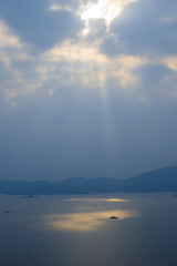 Naklejka na ściany i meble sun ray over Sun Moon Lake, view from Wen Wu Temple viewpoint