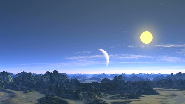 Alien Blue Moon in the Clouds. Above the mountains and valleys in the blue sky, the planet is in partial shade.The sun shines brightly, quickly floating clouds.