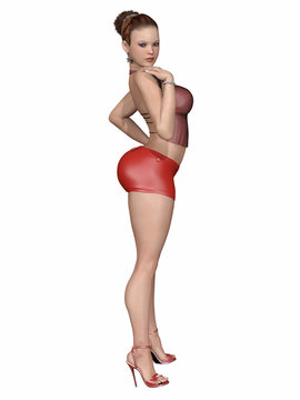 3d render of beautiful and cute woman with curvy body in miniskirt and high heel left side