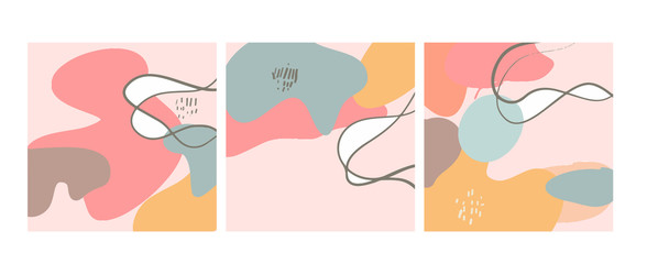 Set of three abstract backgrounds. Hand drawn various shapes and doodle objects. Contemporary modern trendy vector illustrations. Every background is isolated. Pastel colors