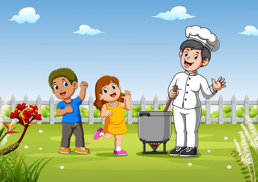 Kids with pretty chef cooking outdoors of illustration