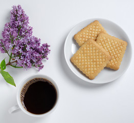 Obraz na płótnie Canvas Coffee, cookies and lilac flowers