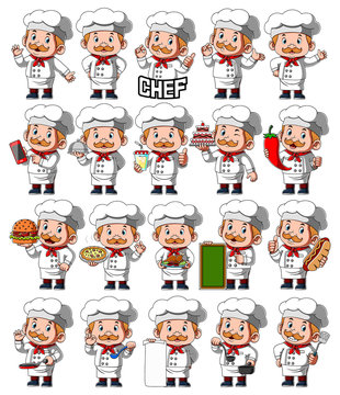 Set of chef person with different poses of illustration