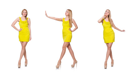 Pretty tall woman in short yellow dress isolated on white