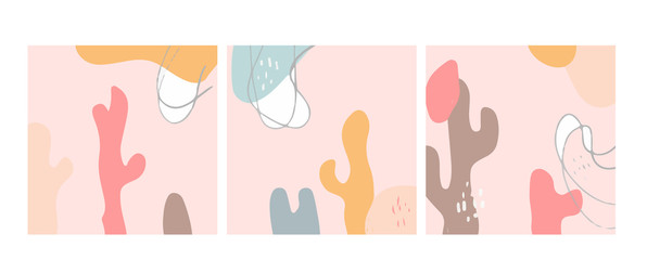 Set of three abstract backgrounds. Hand drawn various shapes and doodle objects. Contemporary modern trendy vector illustrations. Every background is isolated. Pastel colors