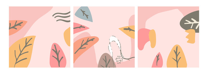 Set of three abstract backgrounds. Hand drawn various shapes and doodle objects. Contemporary modern trendy vector illustrations. Every background is isolated. Pastel colors