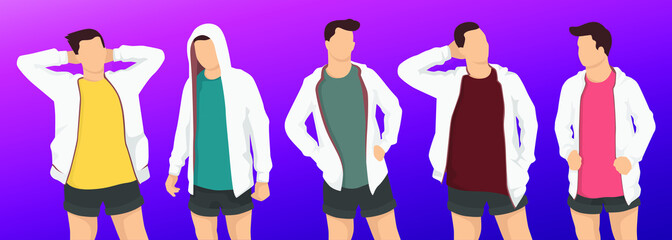 Set of young man in gay, lesbian, bisexual, transgender rights, modern style vector illustration, people simple flat shadow isolated on purple background